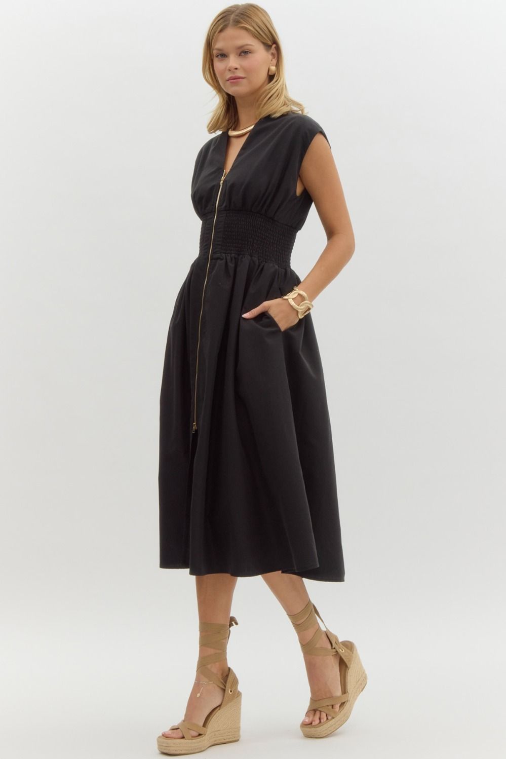 Jackie Zip Front Sleeveless Smocked Waist Midi Dress - Black