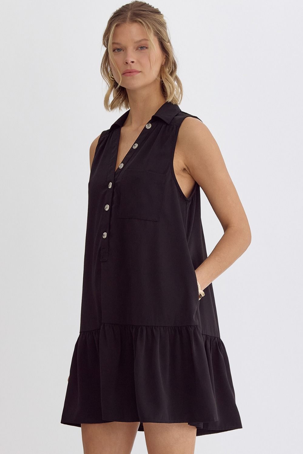 Mary Beth Sporty V-Neck Sleeveless Solid Black Button Detail Mini Dress - Black