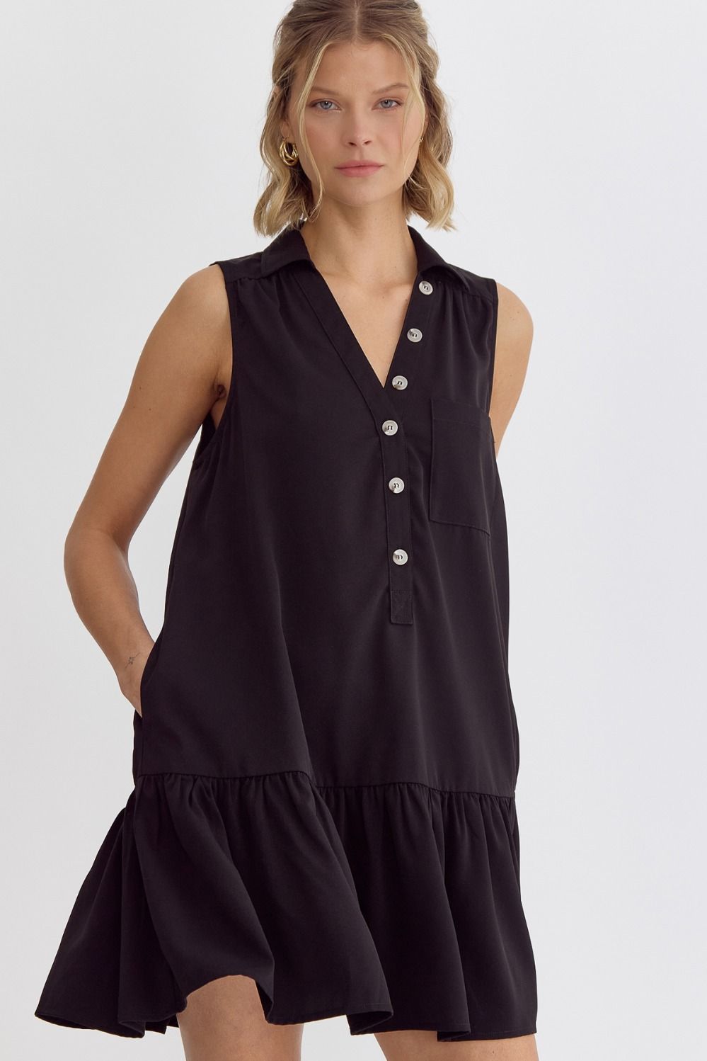 Mary Beth Sporty V-Neck Sleeveless Solid Black Button Detail Mini Dress - Black