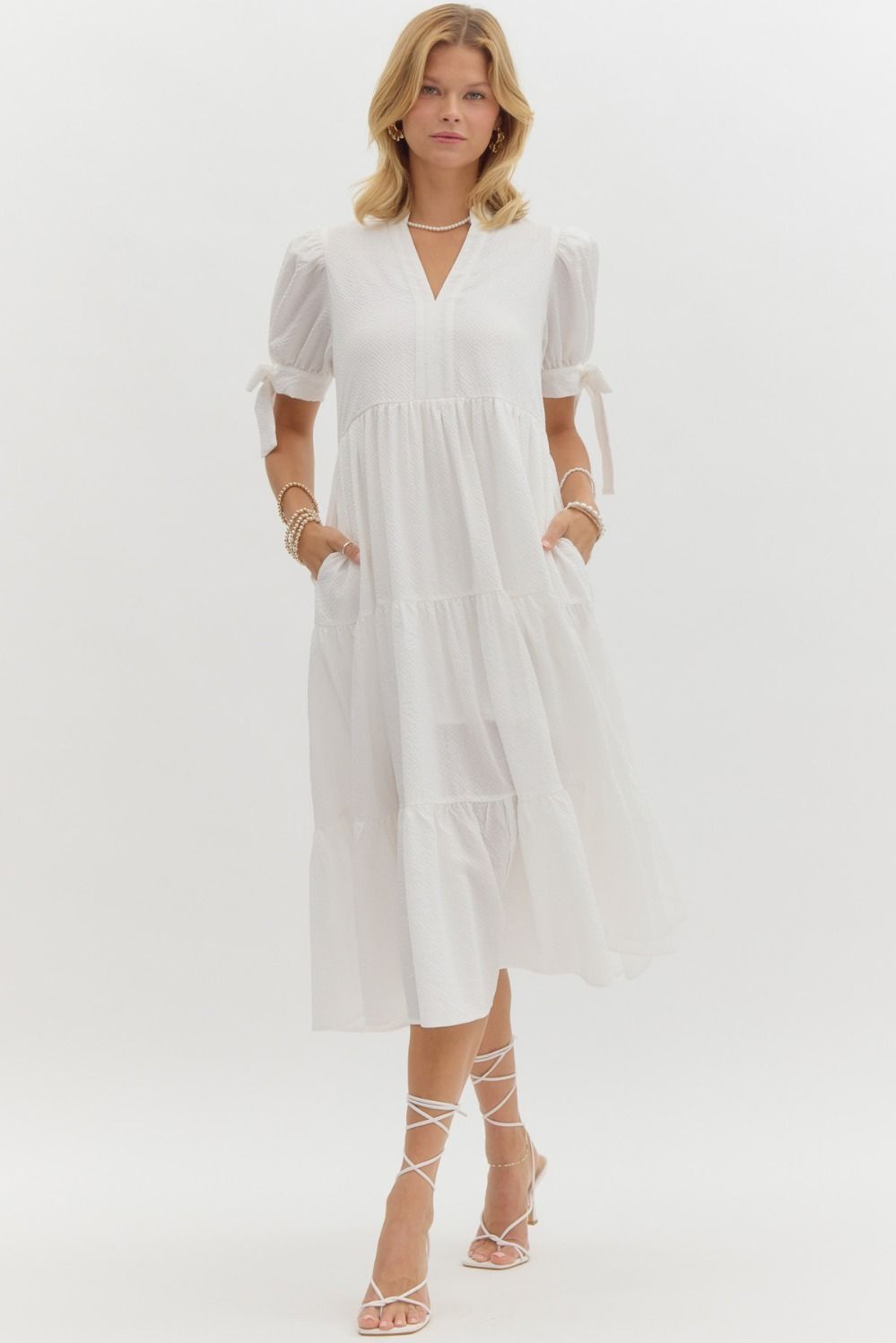 Tessa Tiered Textured Bow Tie  Short Sleeves Midi Dress - Off White