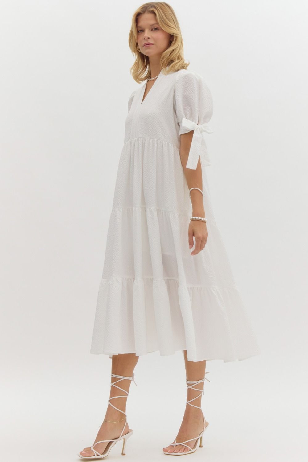 Tessa Tiered Textured Bow Tie  Short Sleeves Midi Dress - Off White