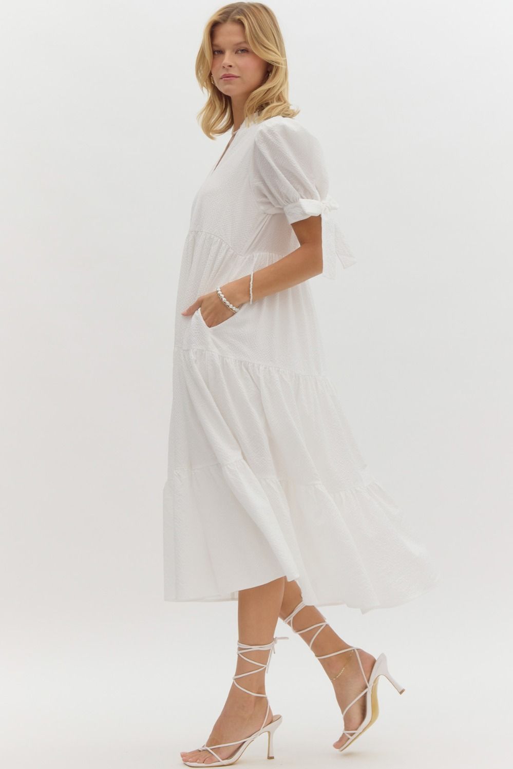 Tessa Tiered Textured Bow Tie  Short Sleeves Midi Dress - Off White