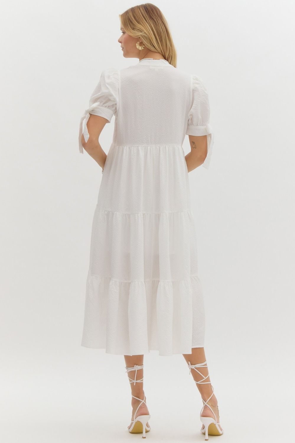 Tessa Tiered Textured Bow Tie  Short Sleeves Midi Dress - Off White