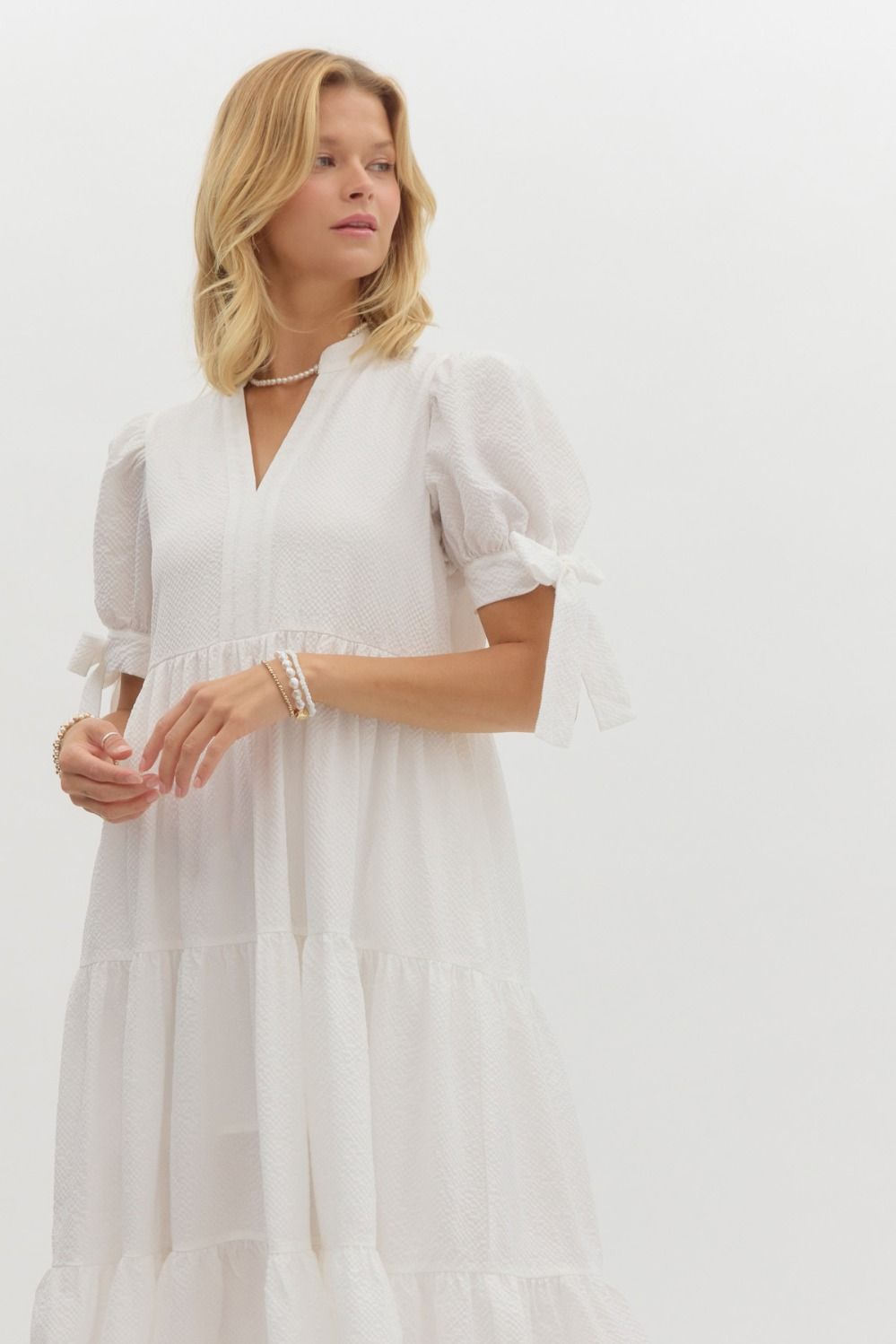 Tessa Tiered Textured Bow Tie  Short Sleeves Midi Dress - Off White