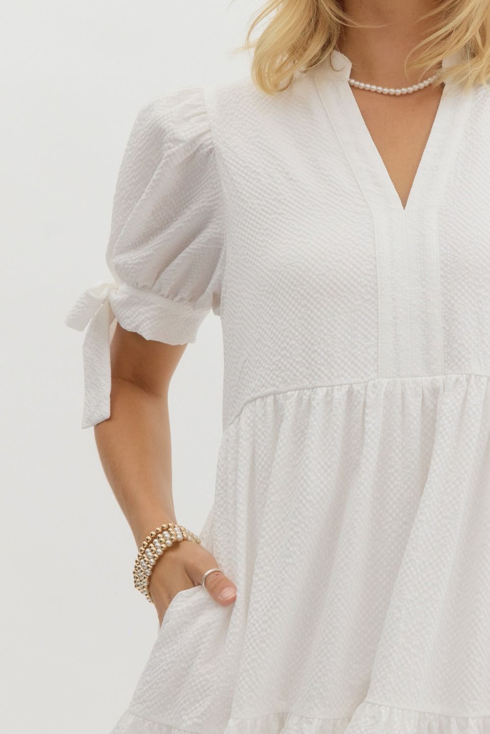 Tessa Tiered Textured Bow Tie  Short Sleeves Midi Dress - Off White