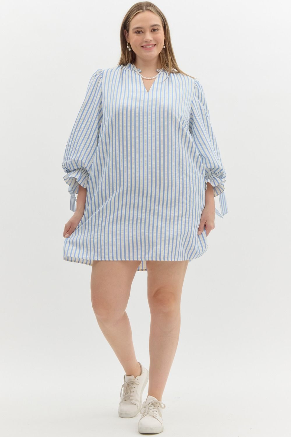 Olivia Curve Striped 3/4 Sleeve Bow Tie Detail Mini Dress - Powder Blue Multi