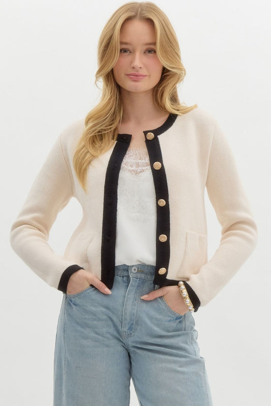 Blake Contrast Trim Long Sleeve Gold Button Front Cardigan - Cream, Black