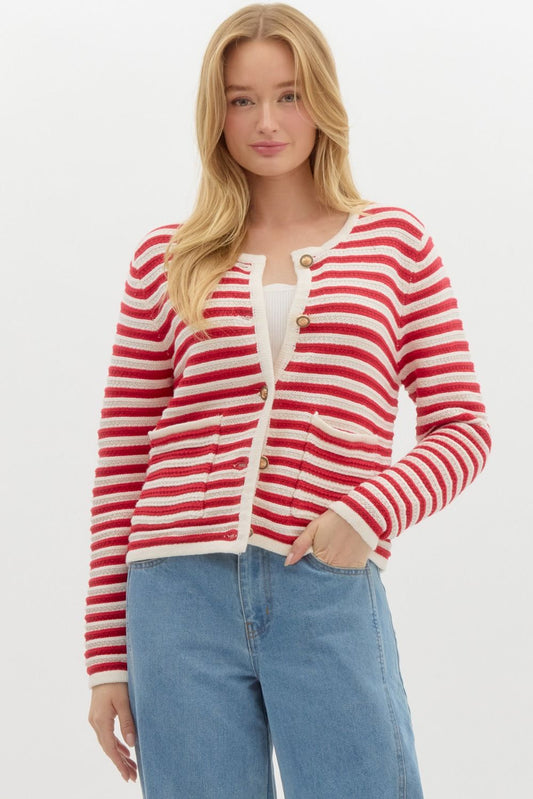 Classic Stripe Long Sleeve Button Front Cardigan - Red Multi