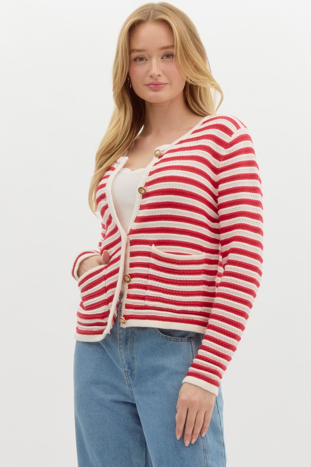 Classic Stripe Long Sleeve Button Front Cardigan - Red Multi