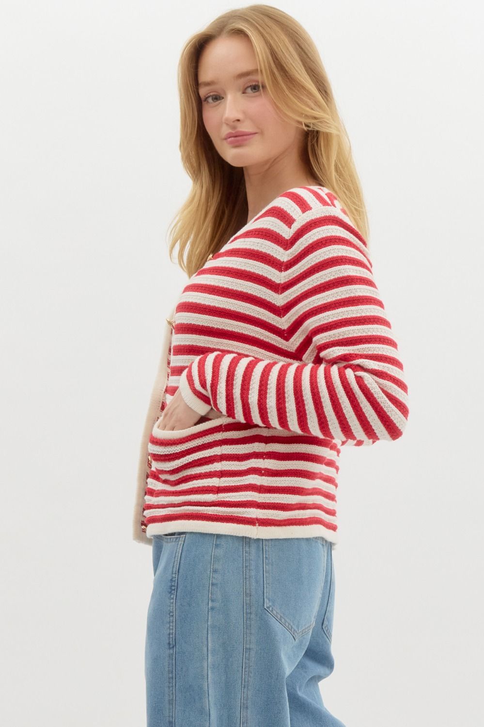 Classic Stripe Long Sleeve Button Front Cardigan - Red Multi