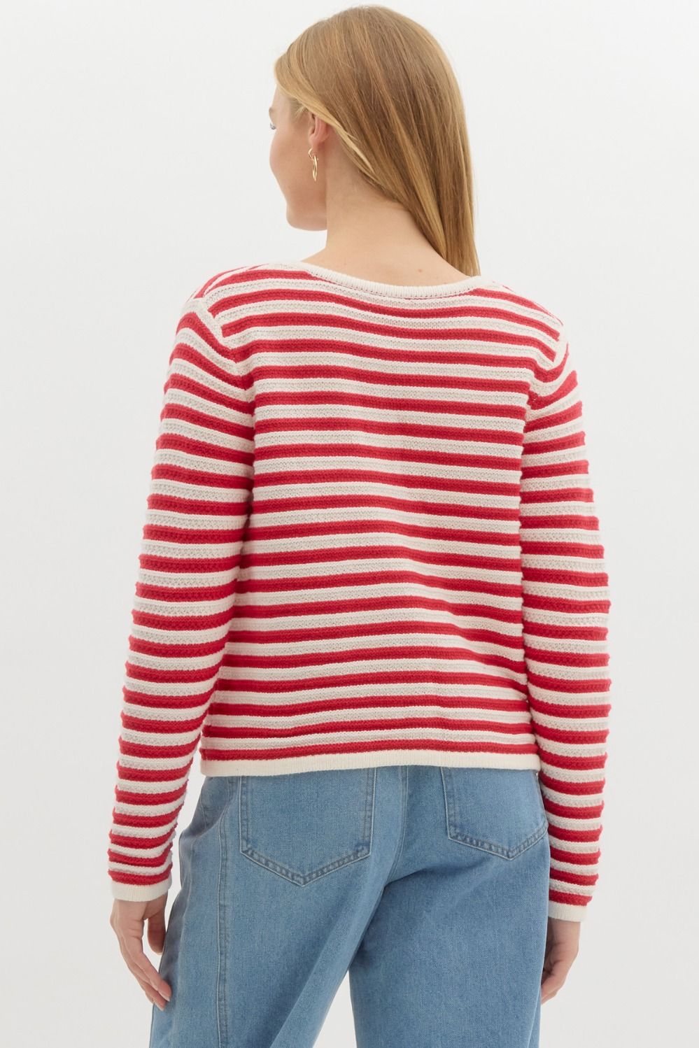 Classic Stripe Long Sleeve Button Front Cardigan - Red Multi