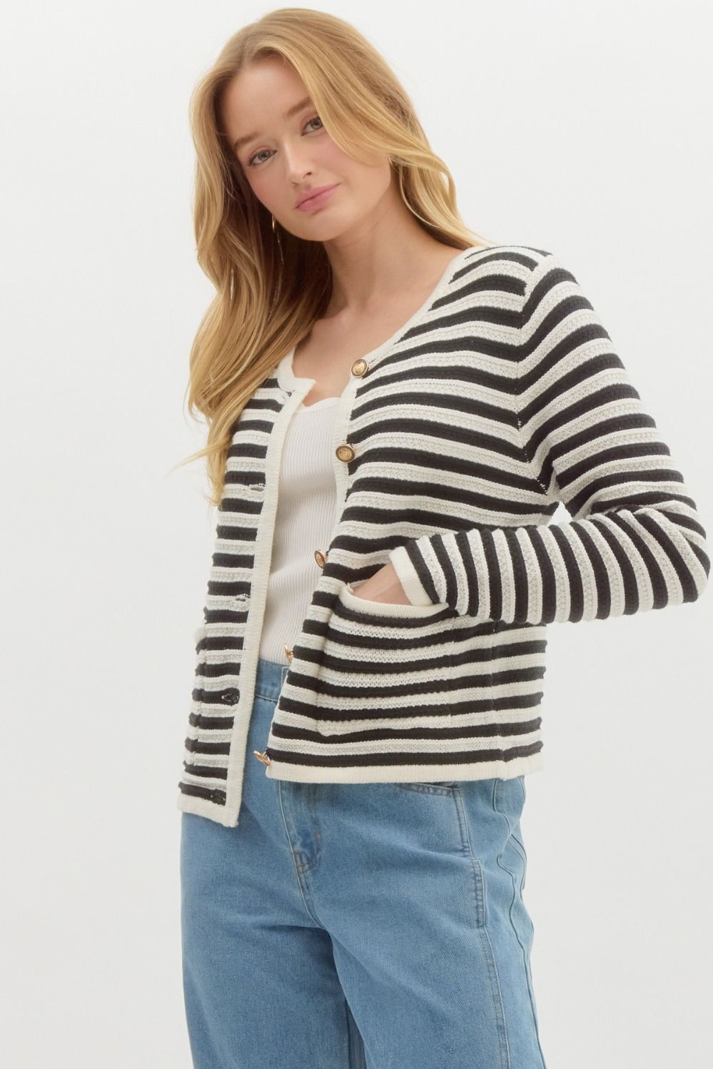 Classic Stripe Long Sleeve Button Front Cardigan - Black Multi