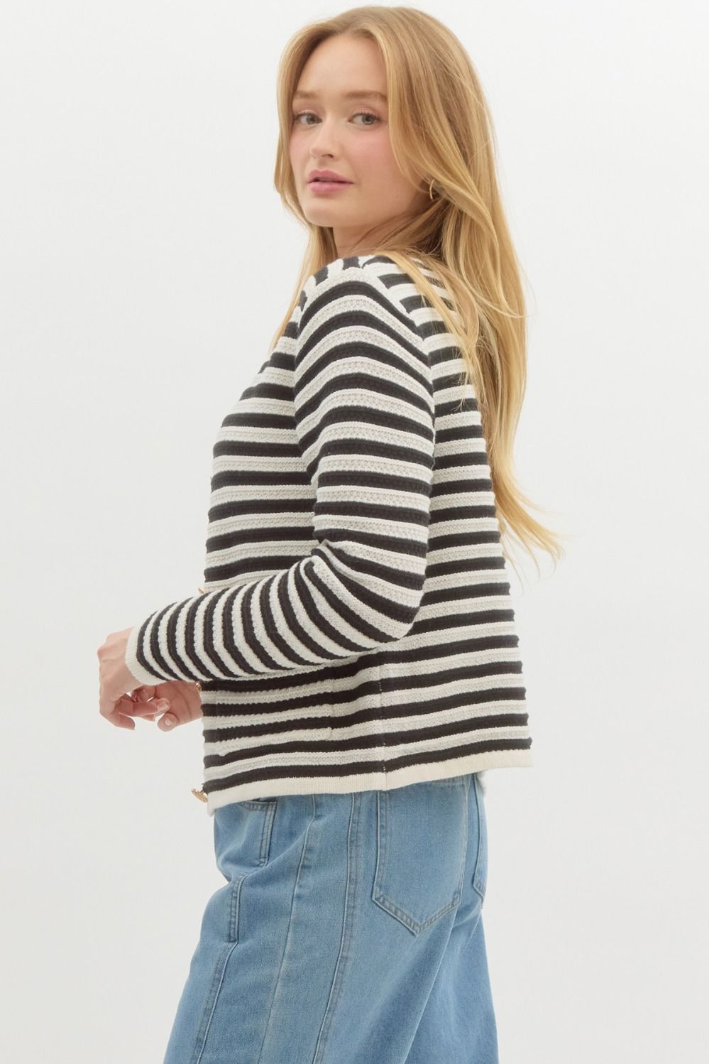 Classic Stripe Long Sleeve Button Front Cardigan - Black Multi