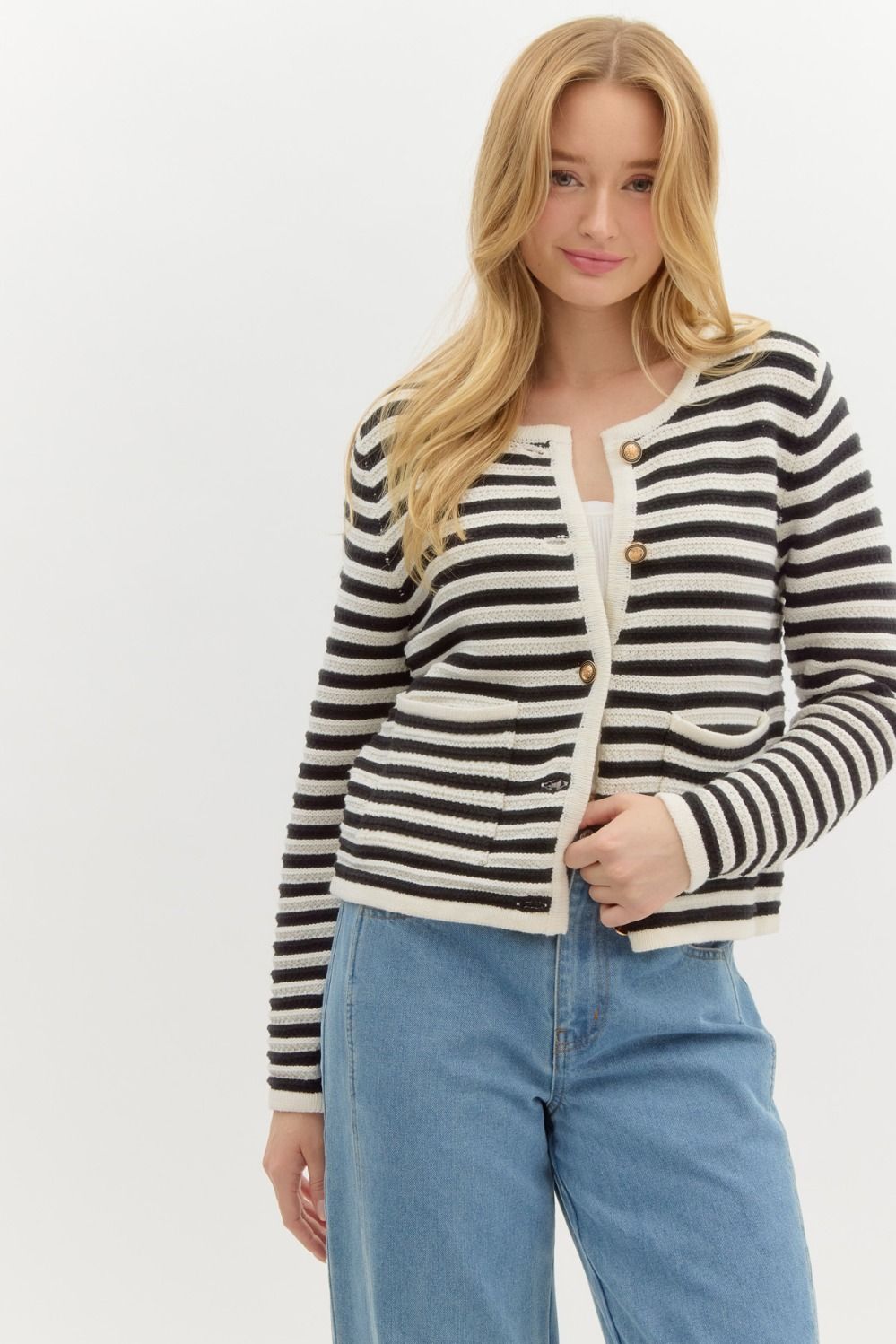 Classic Stripe Long Sleeve Button Front Cardigan - Black Multi