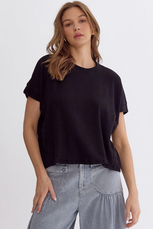 Margo Short Sleeve Ribbed Knit Top - Black