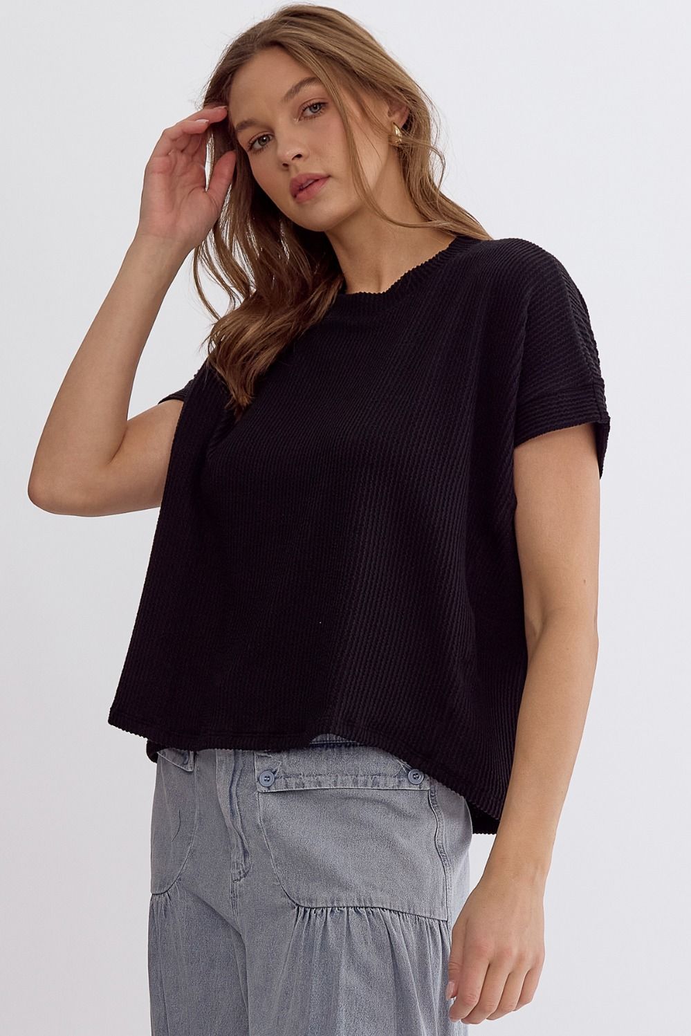 Margo Short Sleeve Ribbed Knit Top - Black