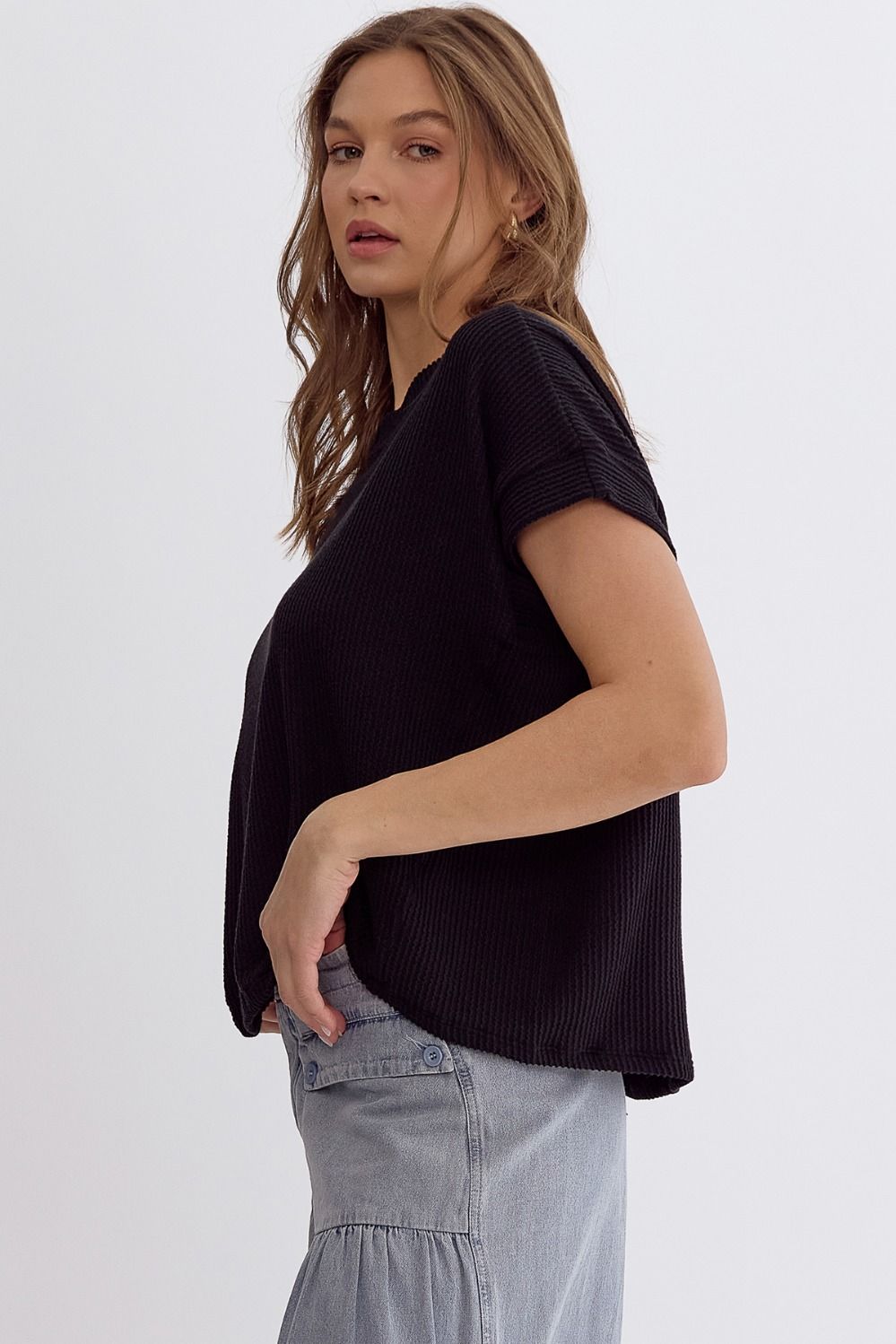 Margo Short Sleeve Ribbed Knit Top - Black