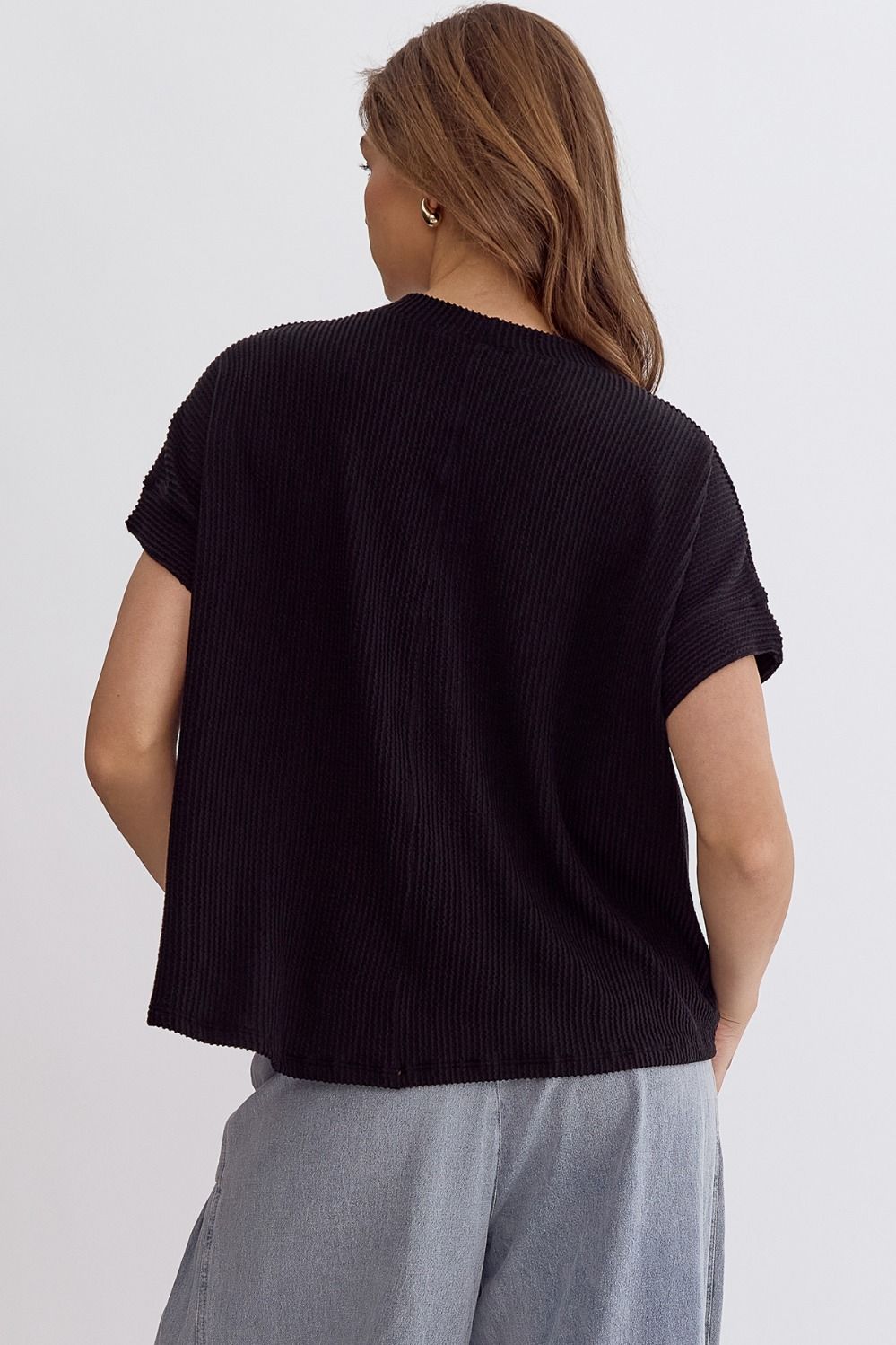 Margo Short Sleeve Ribbed Knit Top - Black