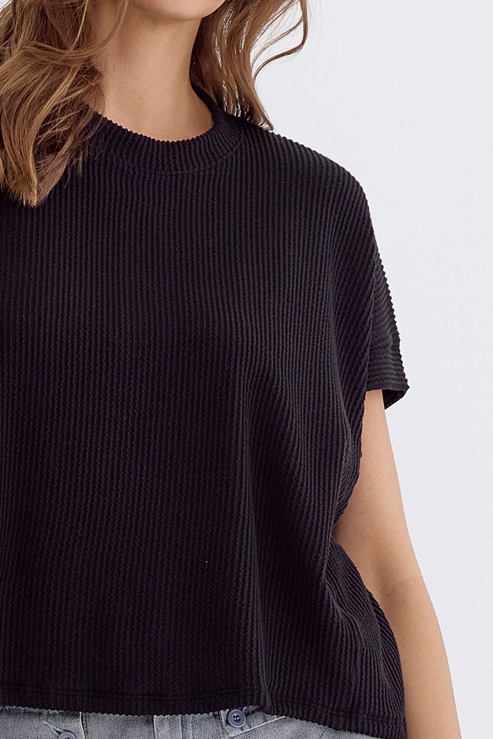 Margo Short Sleeve Ribbed Knit Top - Black