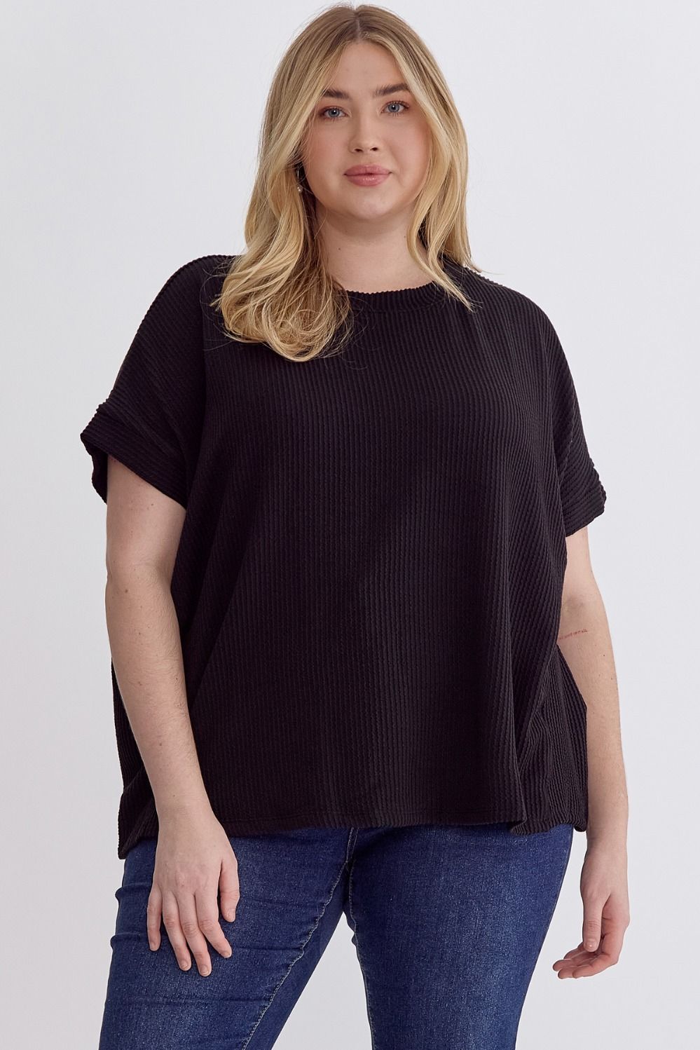 Margo Curve Short Sleeve Ribbed Knit Top - Black