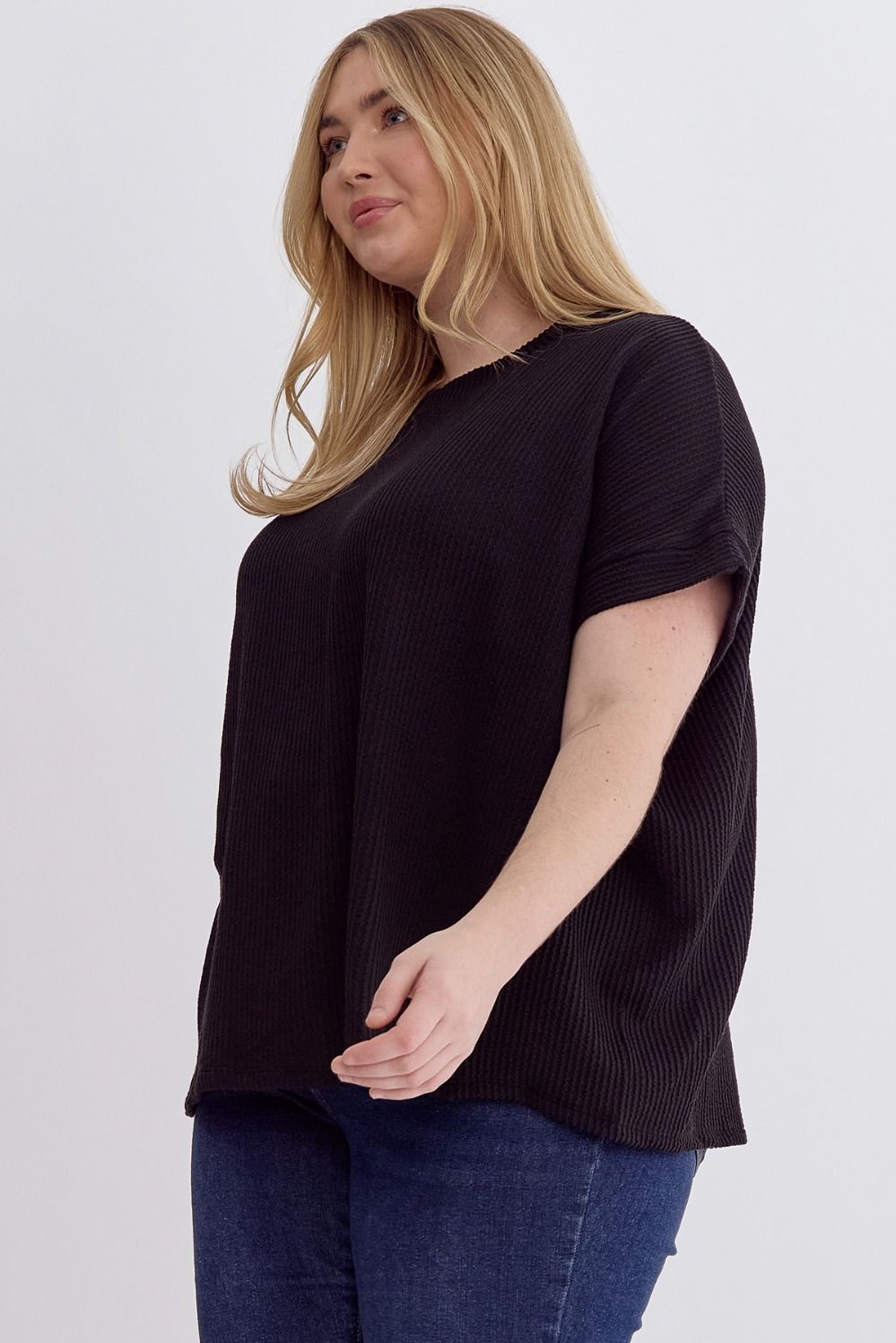 Margo Curve Short Sleeve Ribbed Knit Top - Black