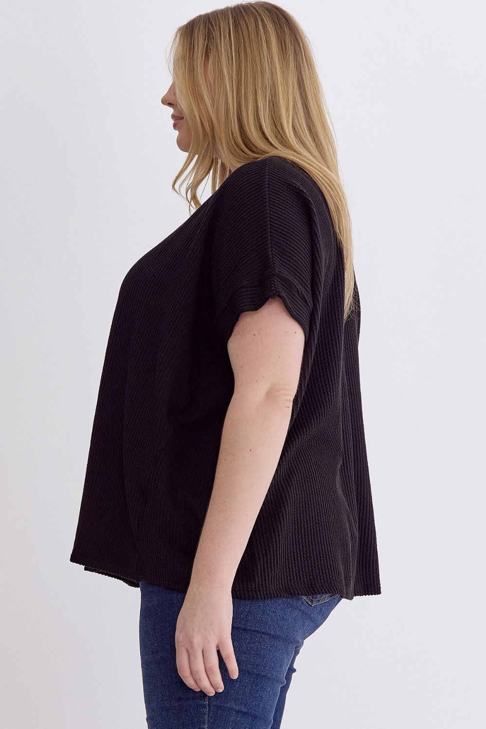 Margo Curve Short Sleeve Ribbed Knit Top - Black