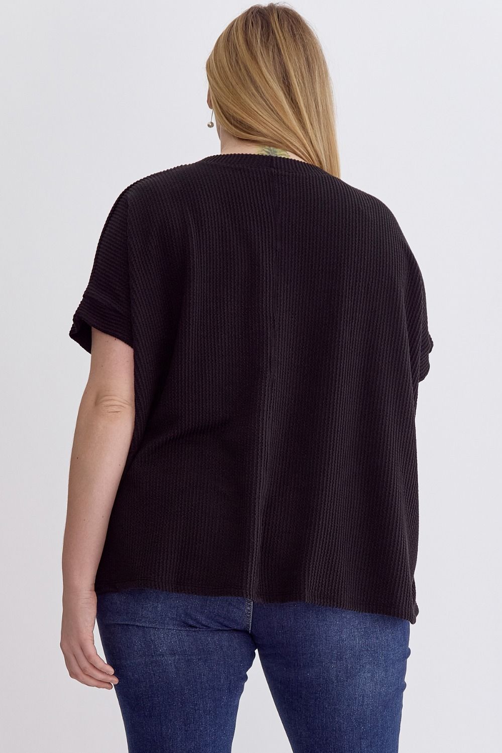 Margo Curve Short Sleeve Ribbed Knit Top - Black