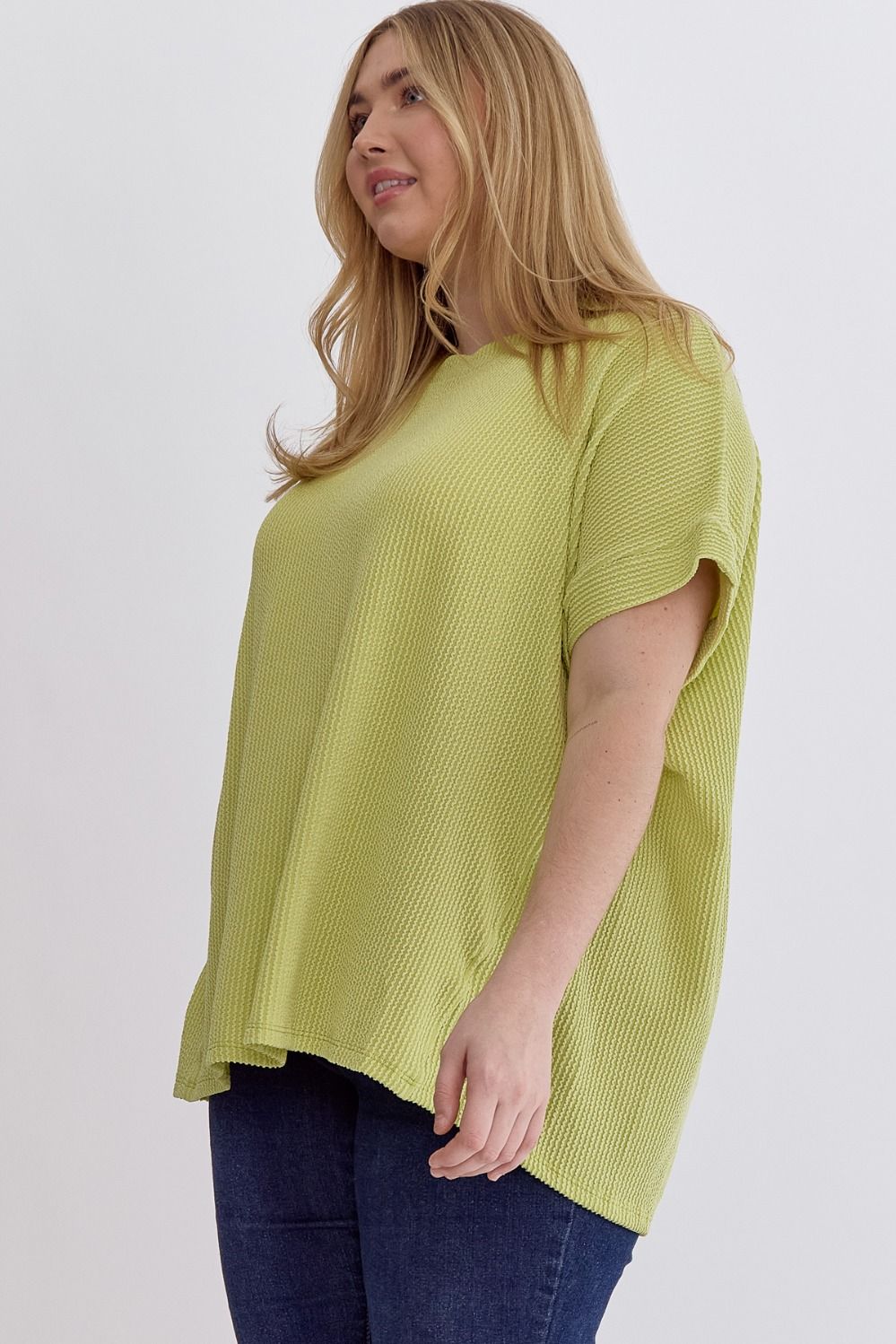 Margo Curve Short Sleeve Ribbed Knit Top - Lime