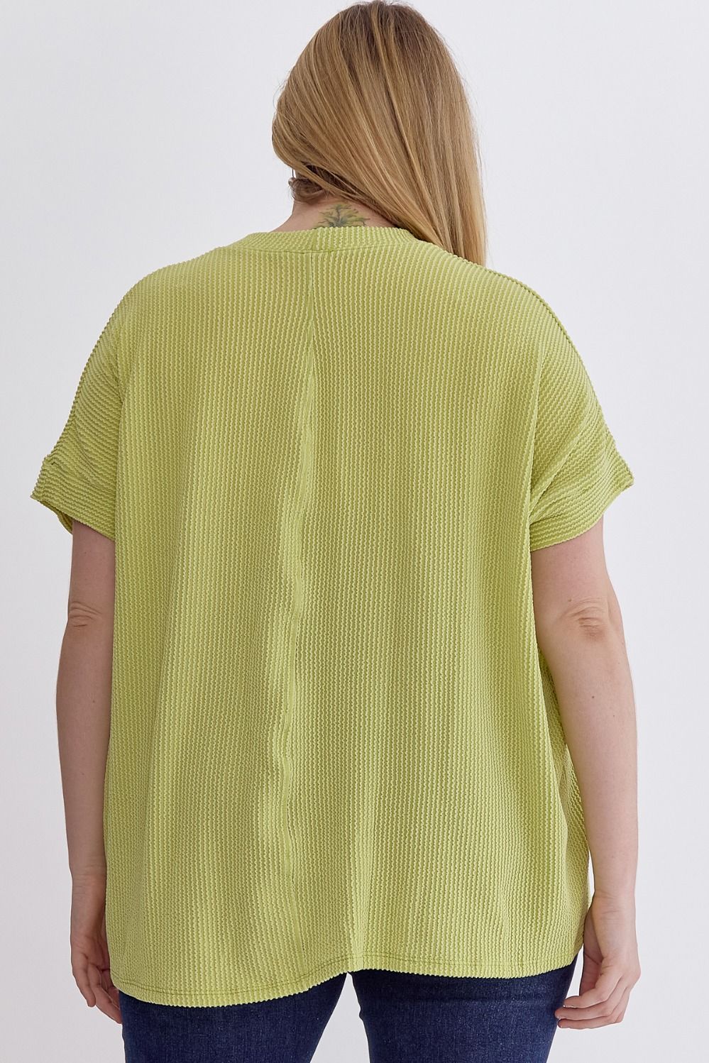 Margo Curve Short Sleeve Ribbed Knit Top - Lime