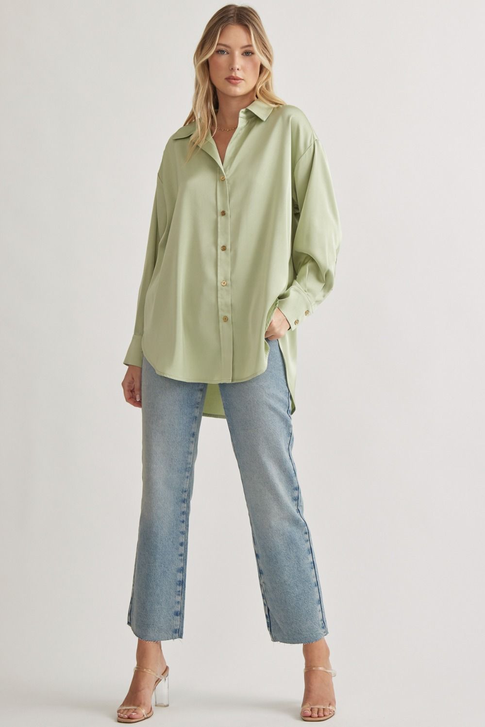 Amanda Silky Shine Button Up Woven Blouse - Sage Green