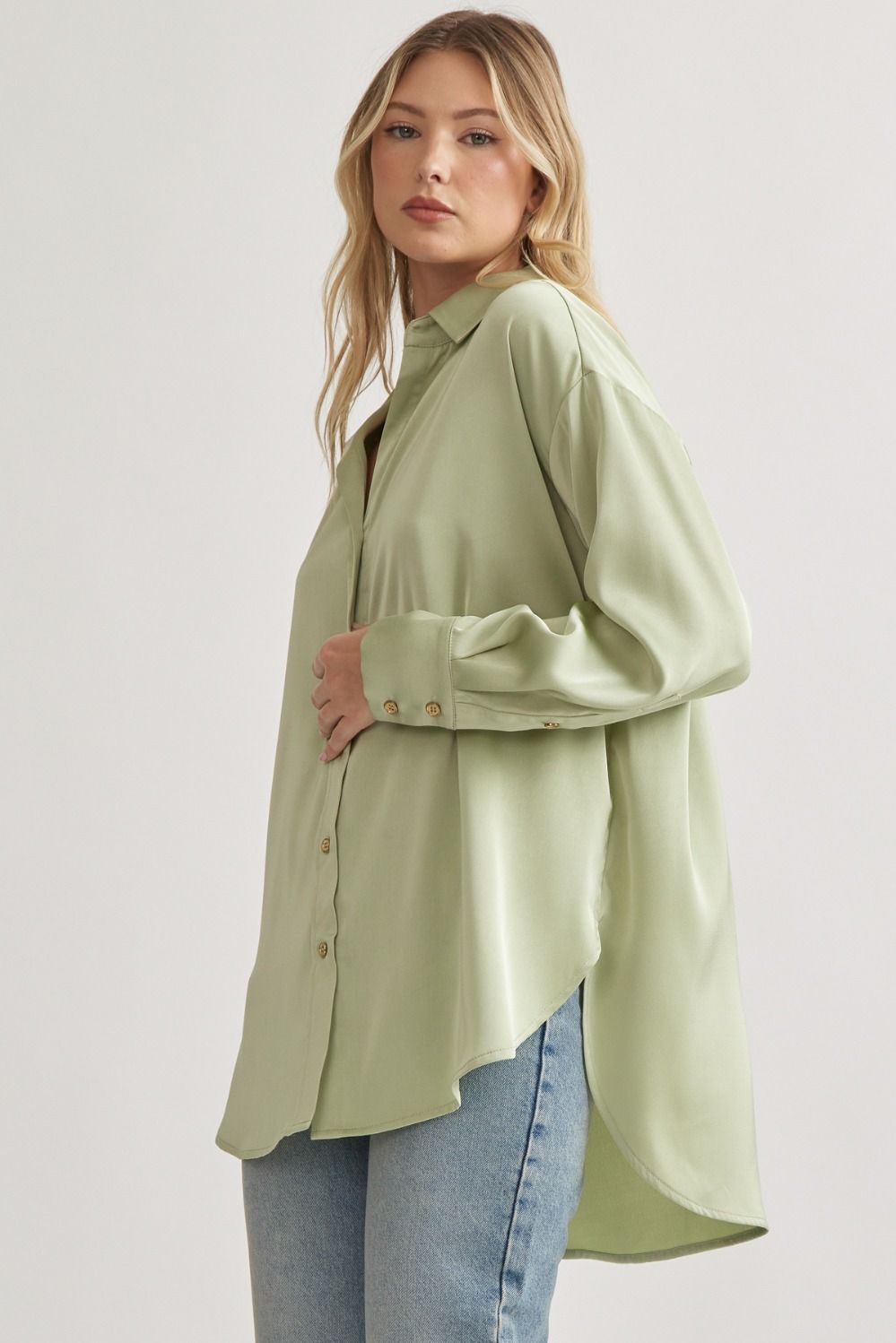 Amanda Silky Shine Button Up Woven Blouse - Sage Green