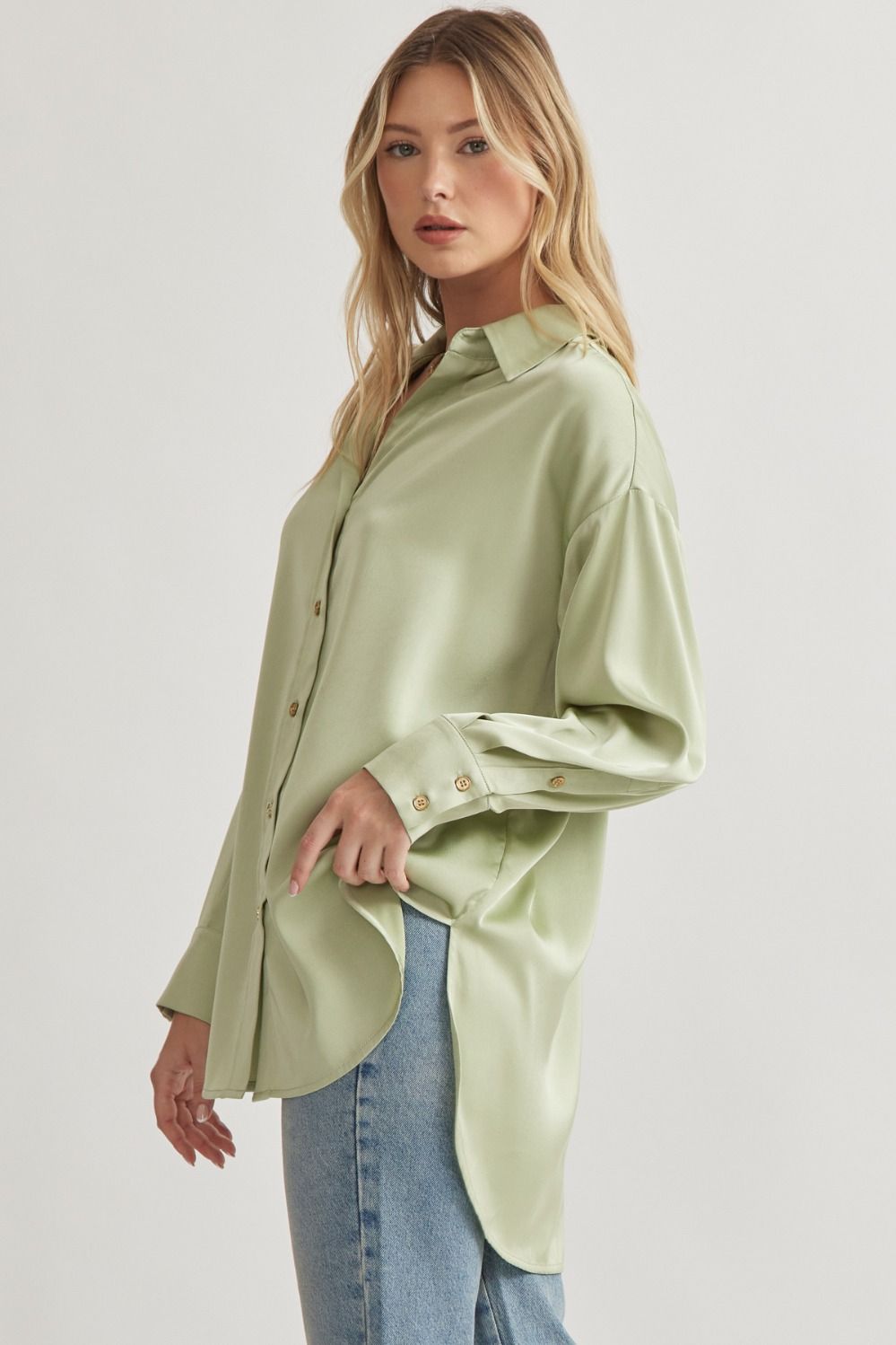 Amanda Silky Shine Button Up Woven Blouse - Sage Green