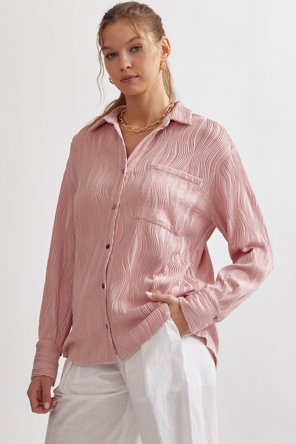 Caroline Long Sleeve Wave Textured Button Up Blouse - Blush Pink