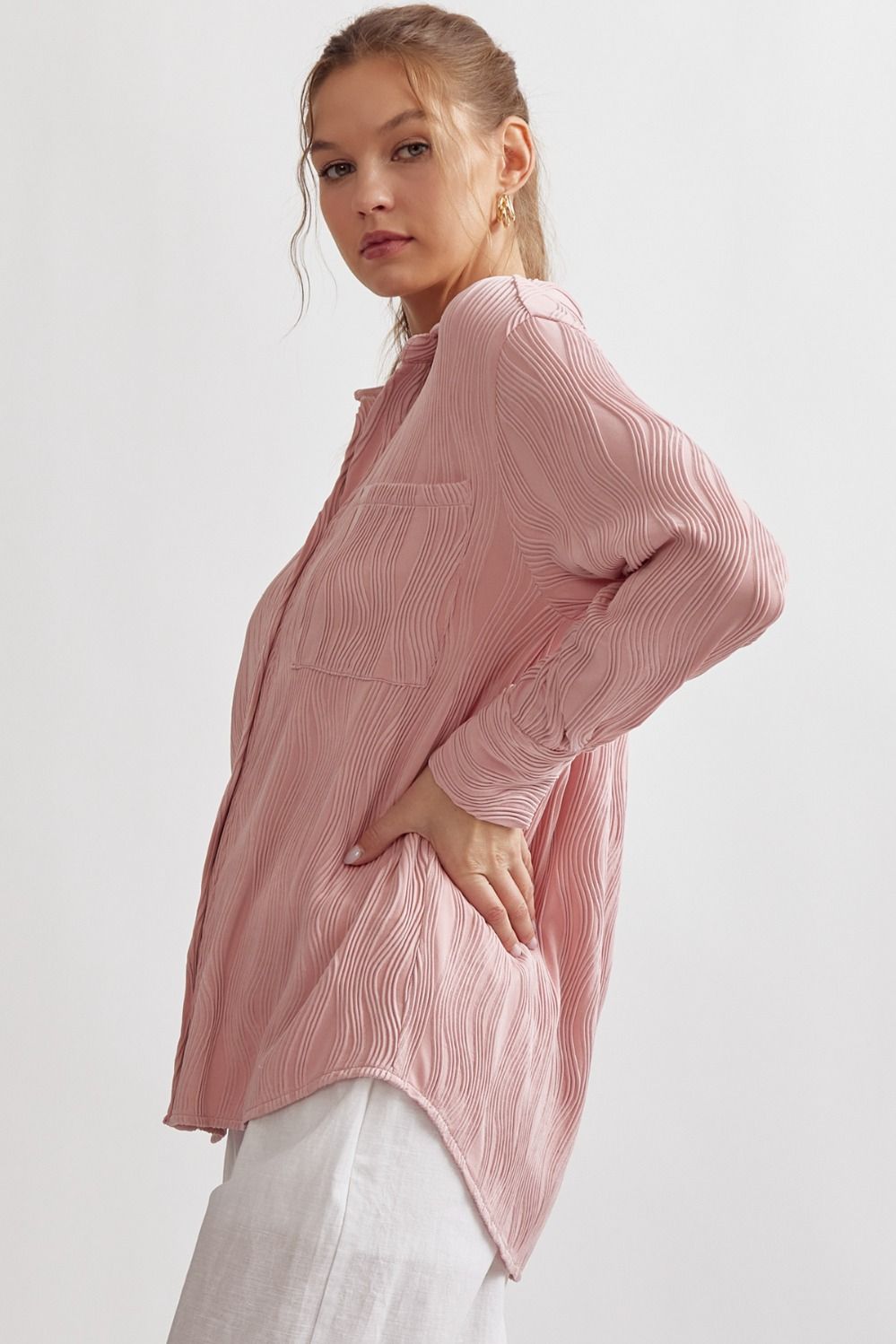 zSALE Caroline Long Sleeve Wave Textured Button Up Blouse - Blush Pink