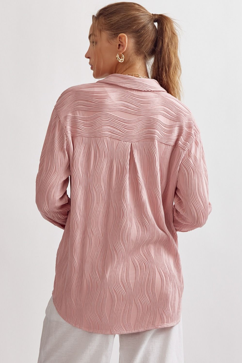 Caroline Long Sleeve Wave Textured Button Up Blouse - Blush Pink