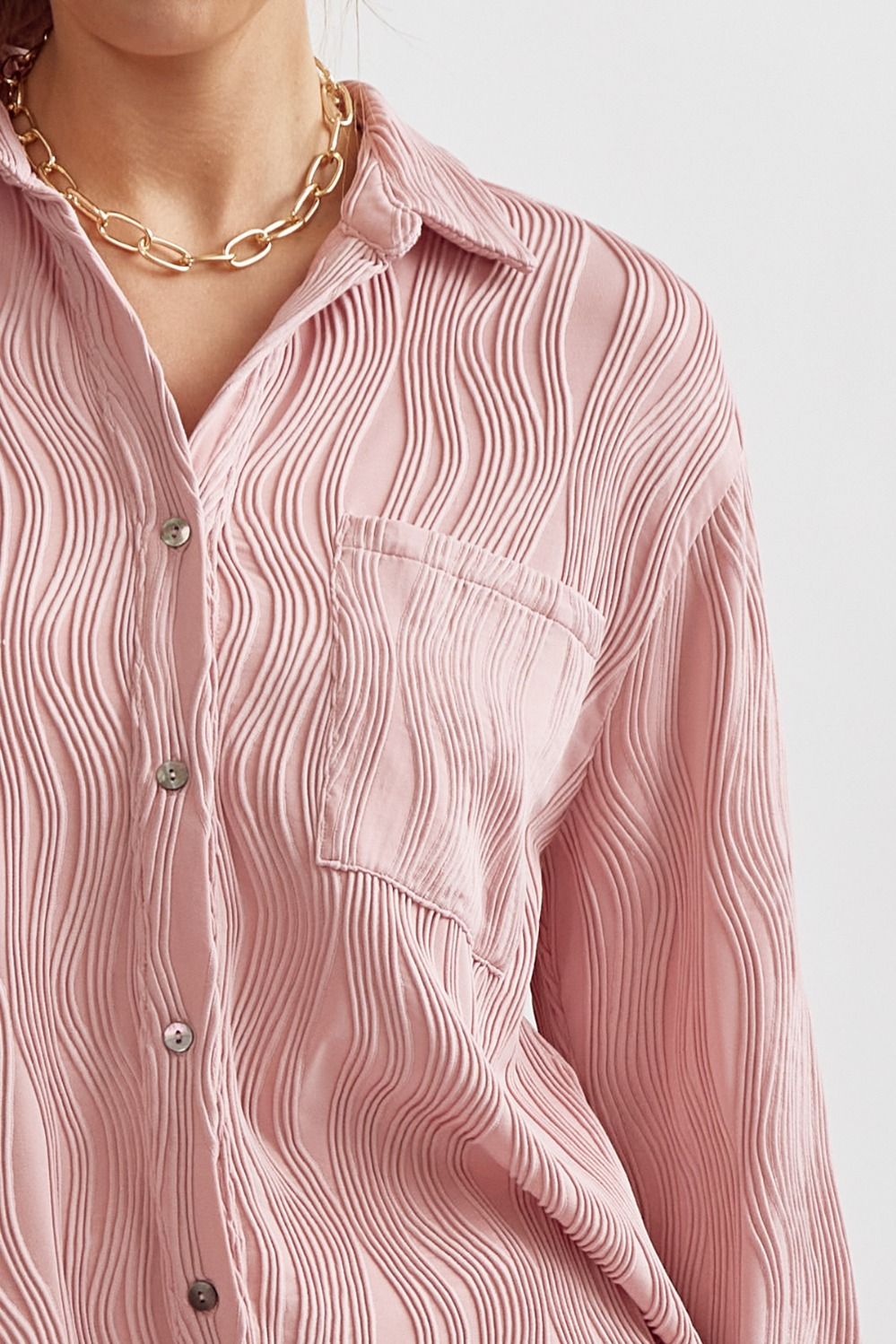 zSALE Caroline Long Sleeve Wave Textured Button Up Blouse - Blush Pink