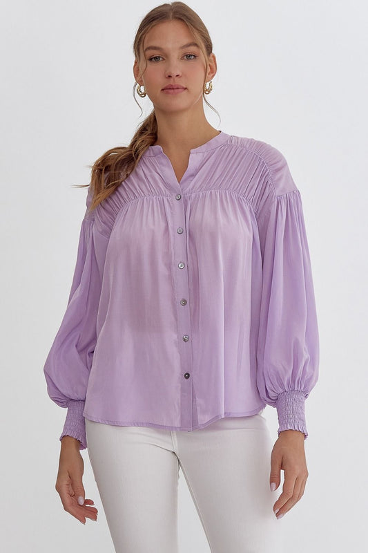 zSALE Sara Pleated Detail Long Sleeve Button Up Blouse - Lavender