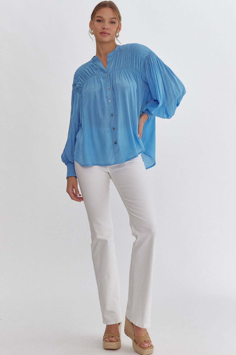 zSALE Sara Pleated Detail Long Sleeve Button Up Blouse - French Blue