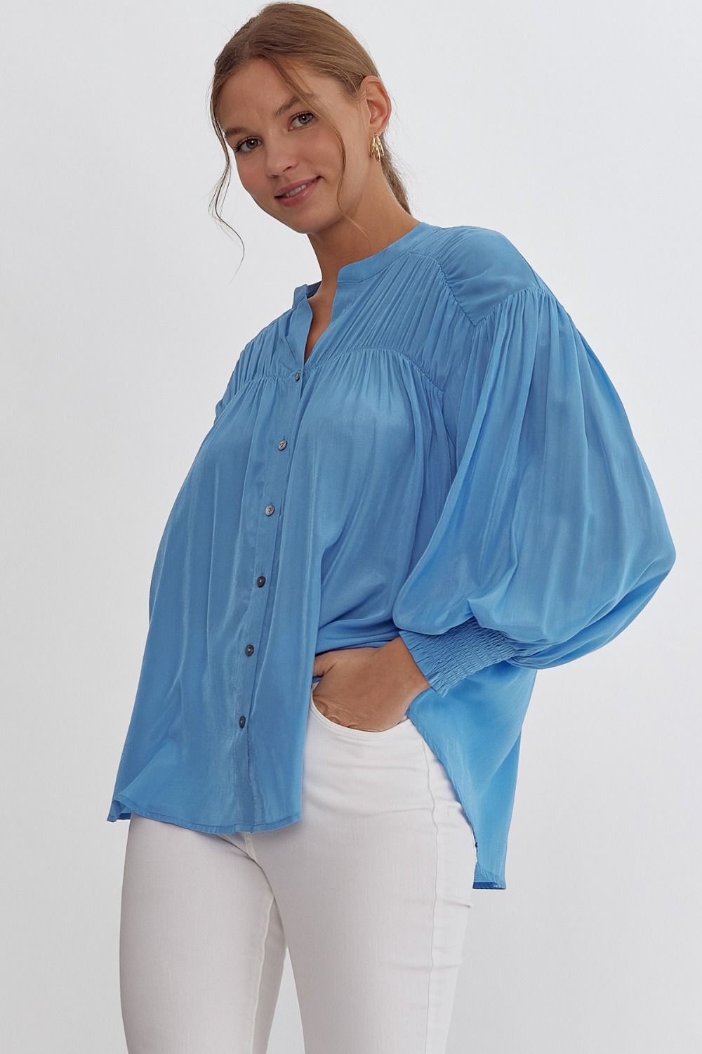 zSALE Sara Pleated Detail Long Sleeve Button Up Blouse - French Blue