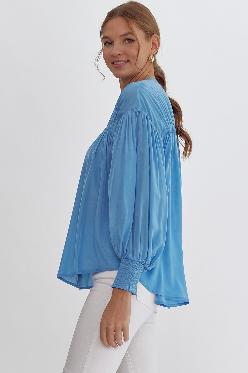 zSALE Sara Pleated Detail Long Sleeve Button Up Blouse - French Blue