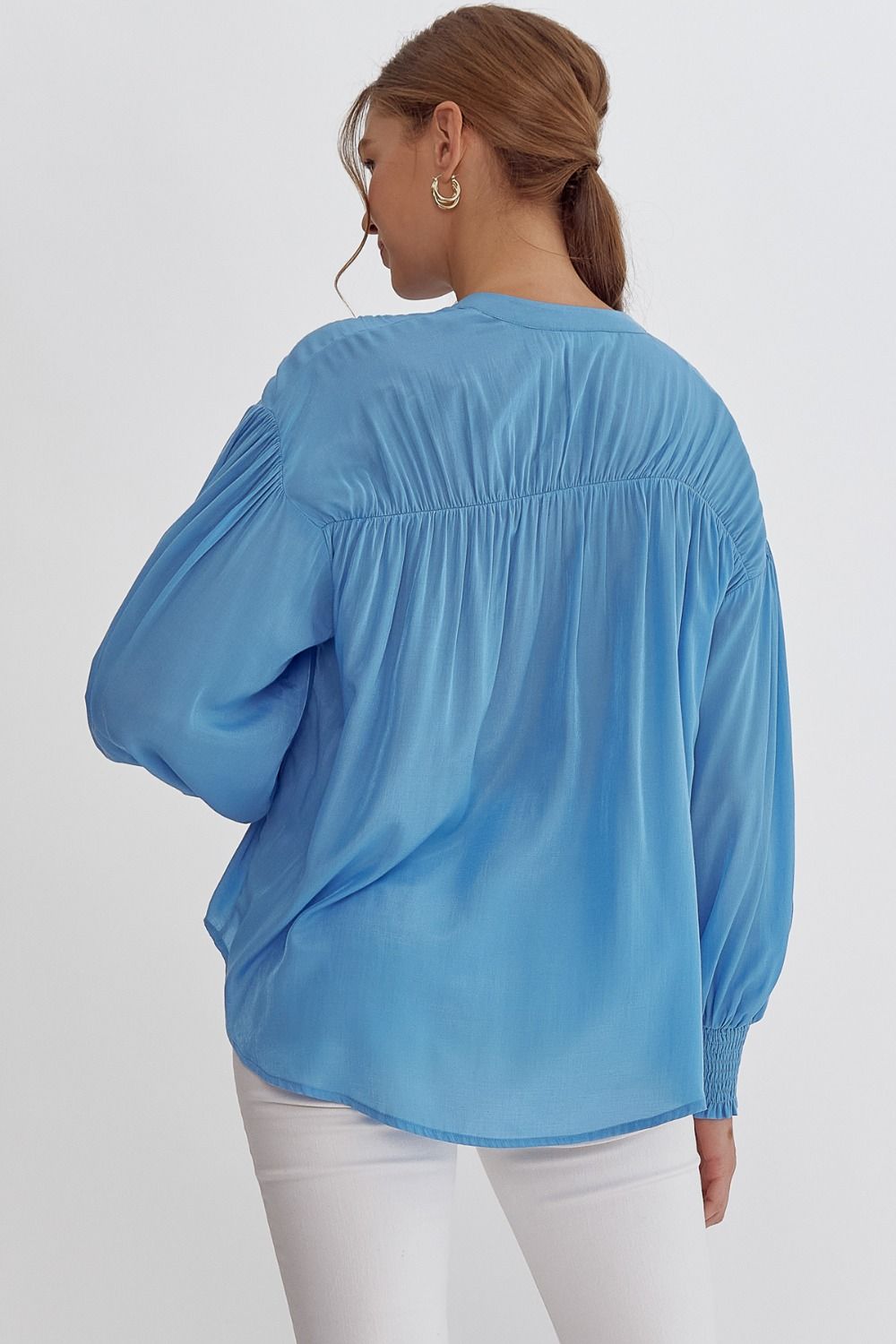 zSALE Sara Pleated Detail Long Sleeve Button Up Blouse - French Blue