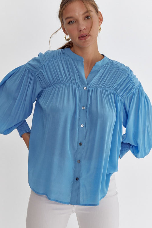 zSALE Sara Pleated Detail Long Sleeve Button Up Blouse - French Blue