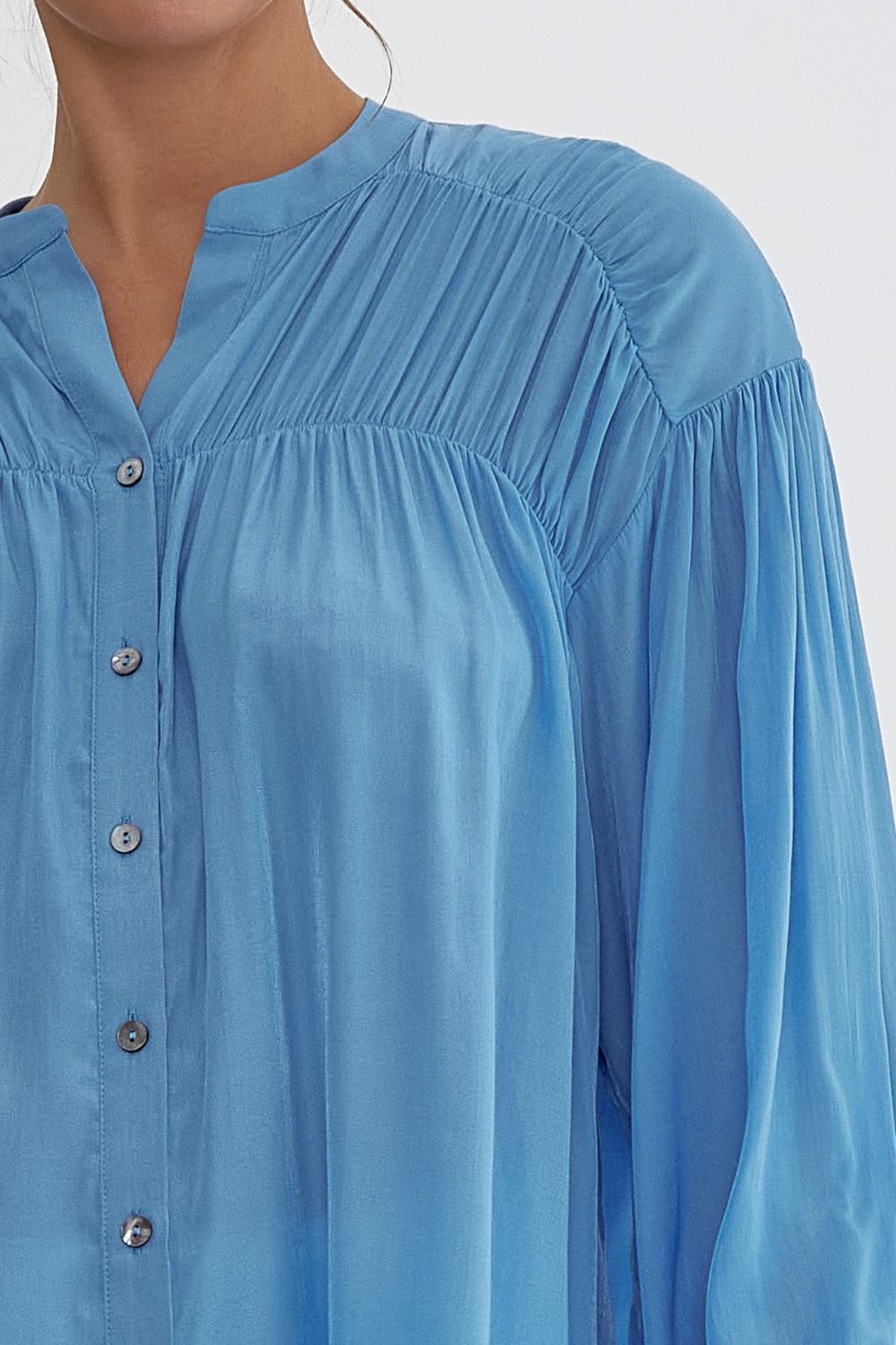 zSALE Sara Pleated Detail Long Sleeve Button Up Blouse - French Blue