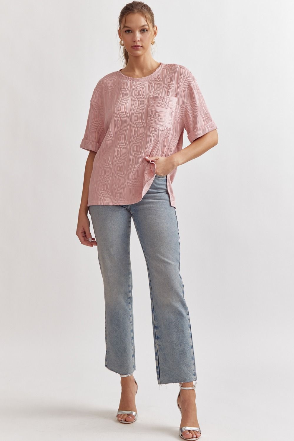 zSALE Caroline Wave Textured Short Sleeve Top - Blush Pink