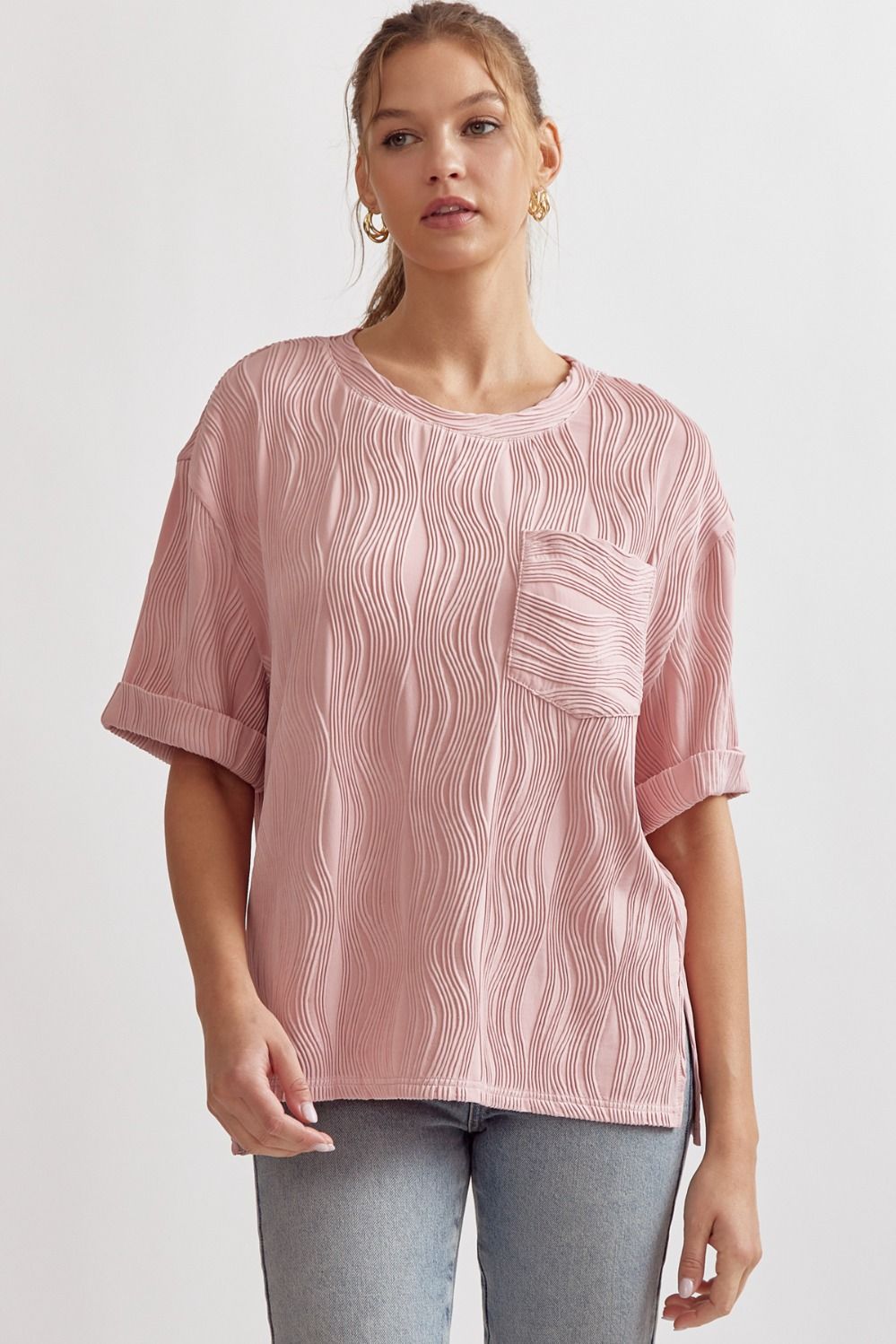 zSALE Caroline Wave Textured Short Sleeve Top - Blush Pink