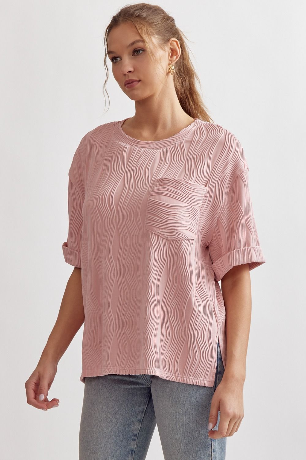 zSALE Caroline Wave Textured Short Sleeve Top - Blush Pink