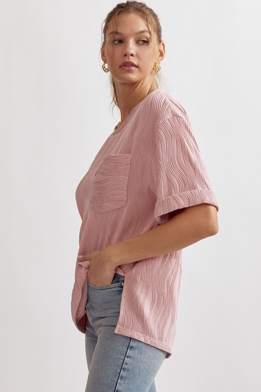 zSALE Caroline Wave Textured Short Sleeve Top - Blush Pink