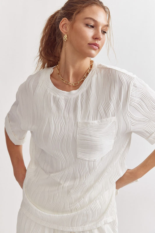 Caroline Wave Textured Short Sleeve Top - White