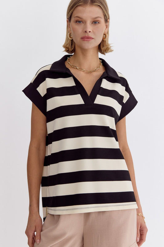 Amelia Stripe Collared Cap Sleeve V Neckline Knit Top - Black White