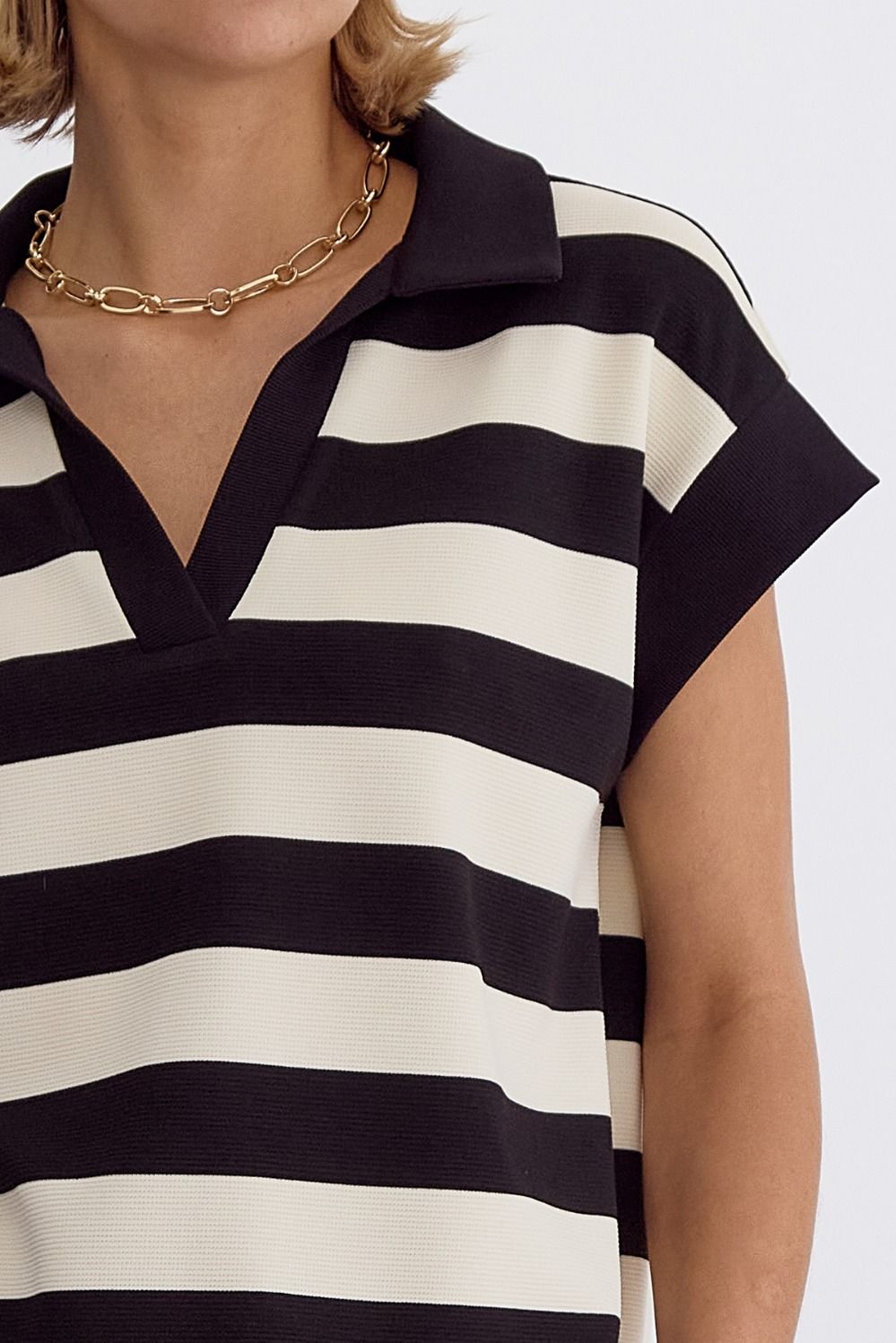 Amelia Stripe Collared Cap Sleeve V Neckline Knit Top - Black White